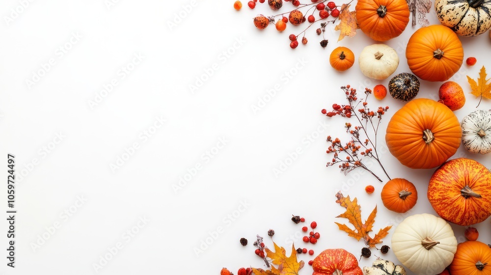 Obraz premium Autumn Harvest Decor with Pumpkins and Berries on White Background