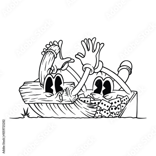 coloring illustration of broom and dustpan working together