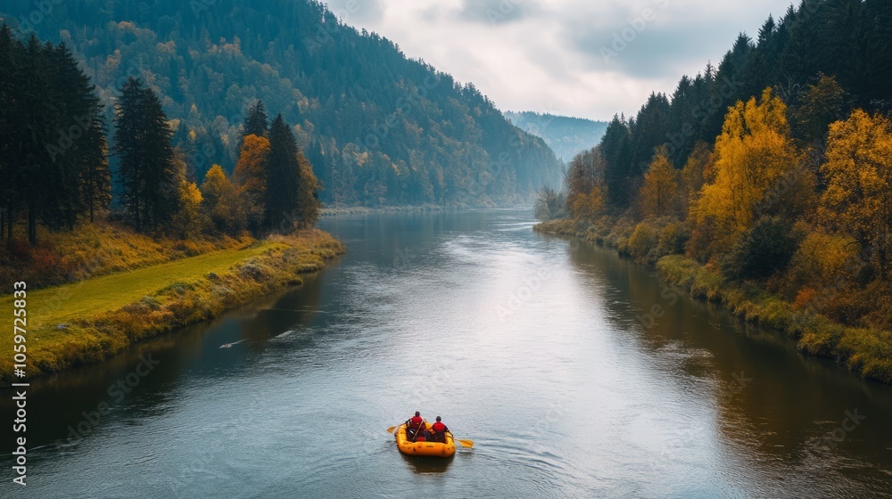 Fototapeta premium Serenity on the River: Autumn Rafting Adventure