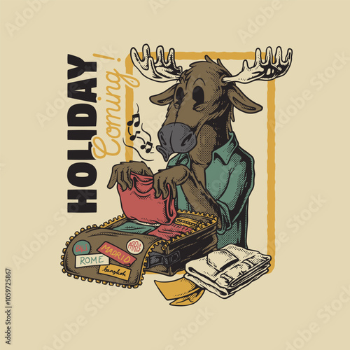 retro cartoon emblem of moose preparing his suitcase