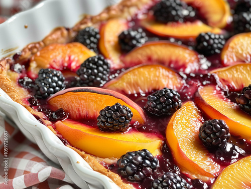 Peach and Blackberry Flonyard with Juicy Caramelized Fruit in a Soft Custard Base, Served in White Ceramic Dish photo