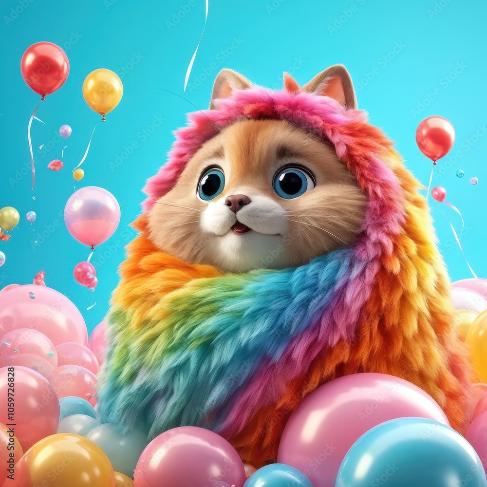 Fototapeta premium A colorful, fluffy cat surrounded by balloons in a playful, vibrant setting.