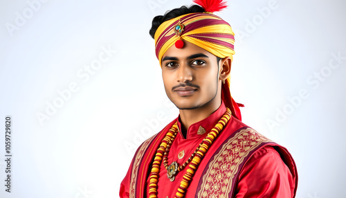 A young man in a traditional Indian outfit poses for a photograph highlighted by white, png photo