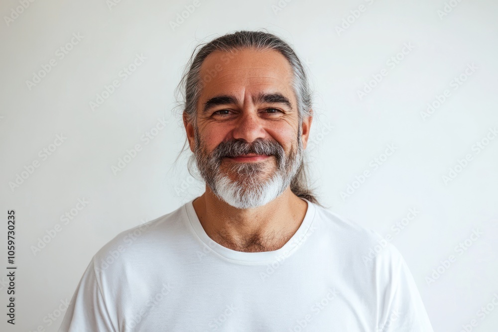 Obraz premium Portrait of a Happy Man Smiling with Long Hair and Beard in White T-Shirt on Neutral Background