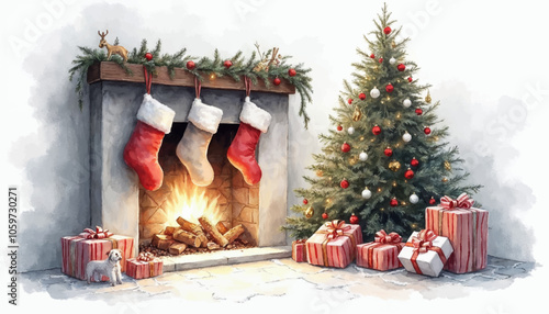 Watercolor illustration of a cozy fireplace with Christmas stockings and tree