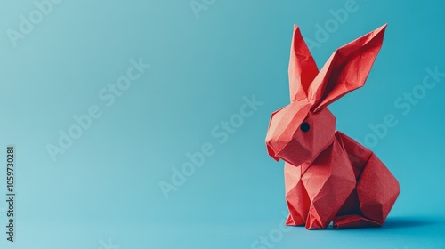 Red Origami Rabbit on a Blue Background photo