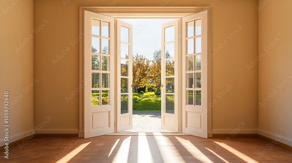 Fototapeta premium An open door with light streaming in, symbolizing new opportunities, high contrast with warm tones, photorealistic