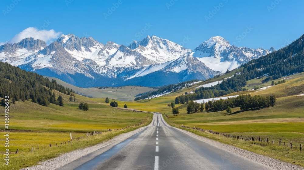 Fototapeta premium Scenic Mountain Road with Snow-Capped Peaks and Lush Greenery