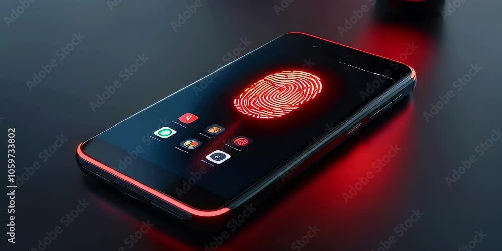 Finger touching a smartphone screen with fingerprint scanner on display and red light.