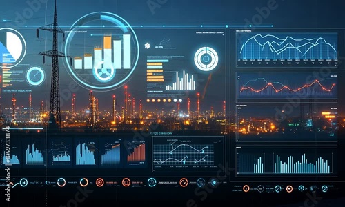 A futuristic data dashboard displaying analytics over an industrial cityscape at night.