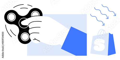 A hand spins a black fidget spinner while a shopping bag with an S symbol is shown on the right. Ideal for fidget toys, stress relief, hand-eye coordination, online shopping, leisure activities