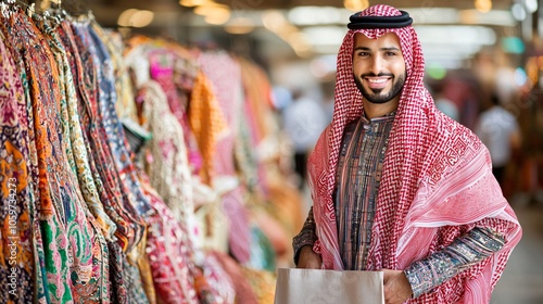 Smiling Man in Traditional Clothing at a Market photo