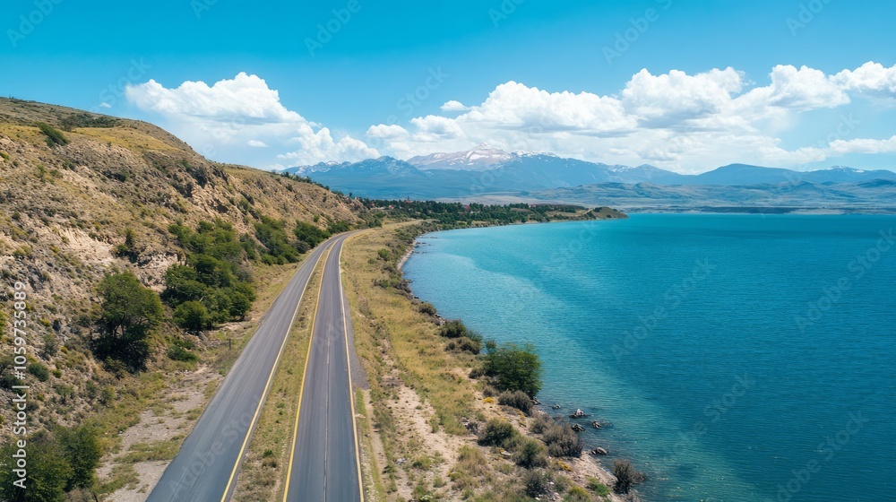 Obraz premium Scenic Coastal Road Along a Turquoise Lake with Mountains in the Background