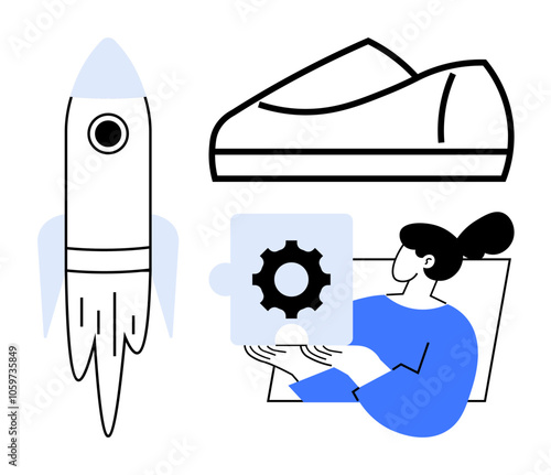 Woman holding a gear puzzle piece, rocket launching upward, and a sports shoe. Ideal for business growth, teamwork, innovation, startup, planning, fitness, and problem-solving concepts. Line metaphor