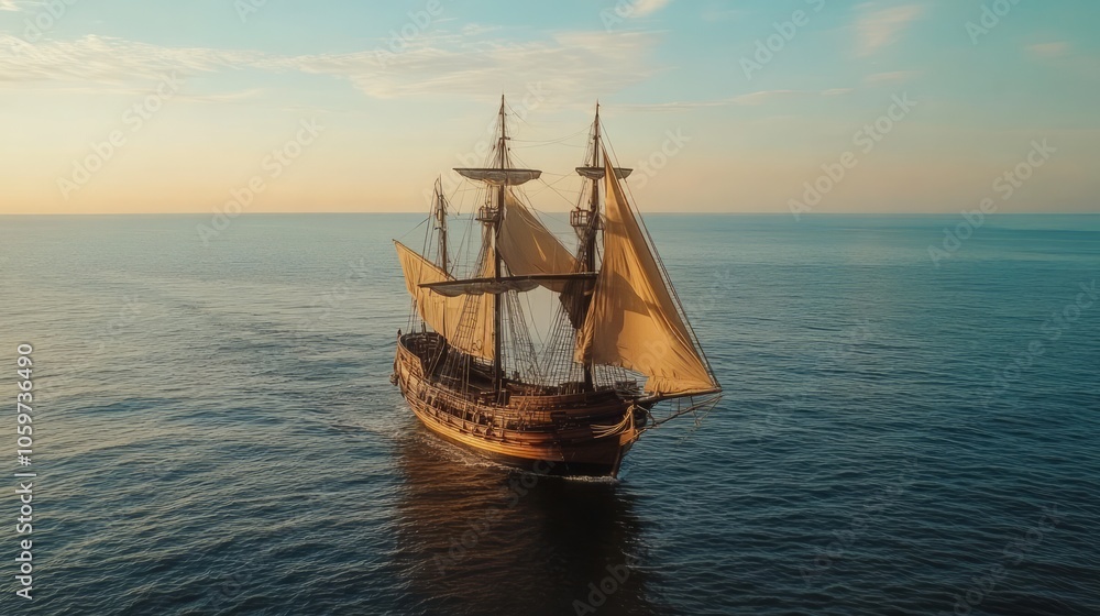 Obraz premium Majestic Tall Ship Sailing Through Calm Waters at Sunset
