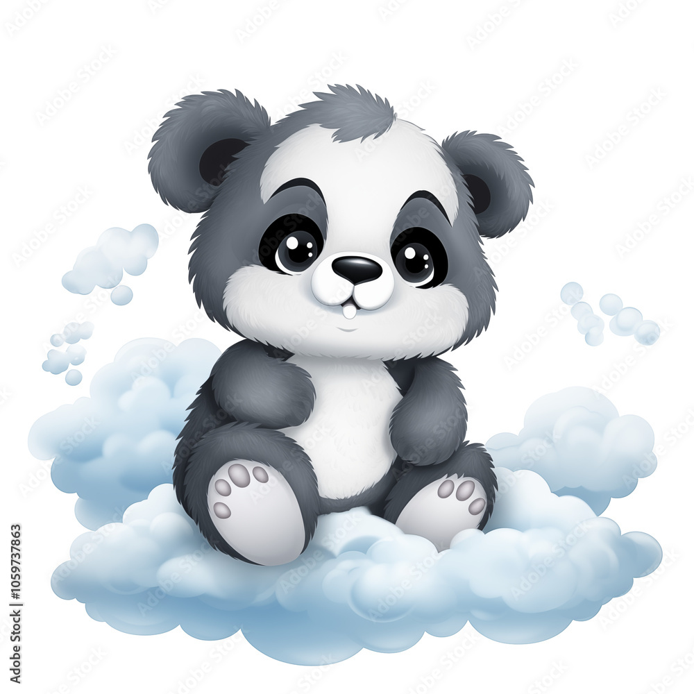 Fototapeta premium A cute cartoon panda sitting playfully on fluffy clouds with a cheerful expression