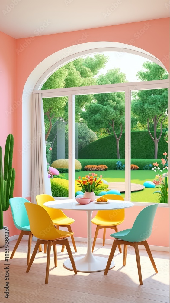 Obraz premium Bright dining room with colorful chairs and garden view through arched window