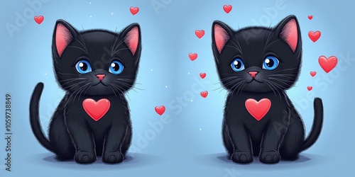 Adorable Black Cartoon Kittens with Heart Symbols and Blue Eyes Posed on a Blue Background Surrounded by Floating Hearts for Valentine's Day Design Inspiration photo