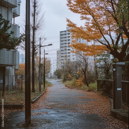 Autumn Street Scene with Urban Background and Colorful Foliage photo