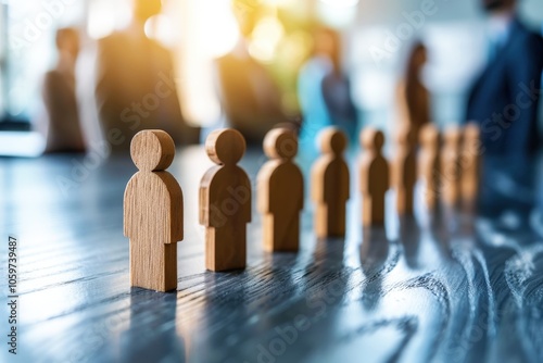 Teamwork and Collaboration: A row of wooden figurines symbolizing unity and strength, with blurred figures in the background representing a larger team. photo