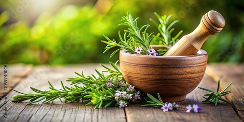 Fresh rosemary herbs and mortar and pestle from low angle