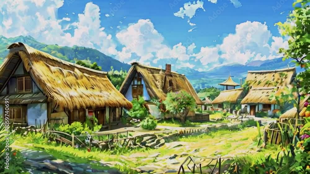 A serene village scene with thatched-roof houses amidst lush greenery and mountains. A serene village scene with thatched-roof houses amidst lush greenery and mountains.