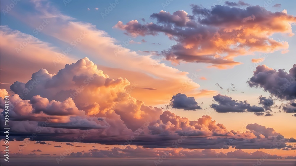 Fototapeta premium Golden Hour Clouds with Warm Orange, Amber, Lavender, and Powder Blue for a Balanced Sky Glow