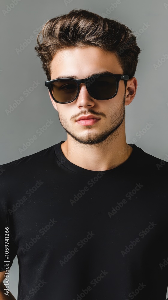 Obraz premium Stylish Young Man Wearing Sunglasses and Black T-Shirt