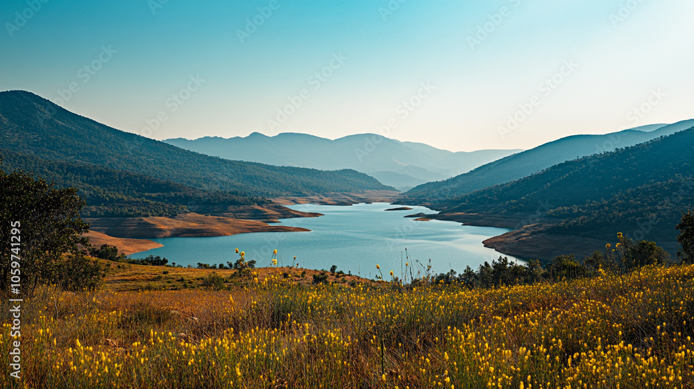 Obraz premium Serene lakeside view at dusk with mountains and wildflowers in a tranquil natural landscape