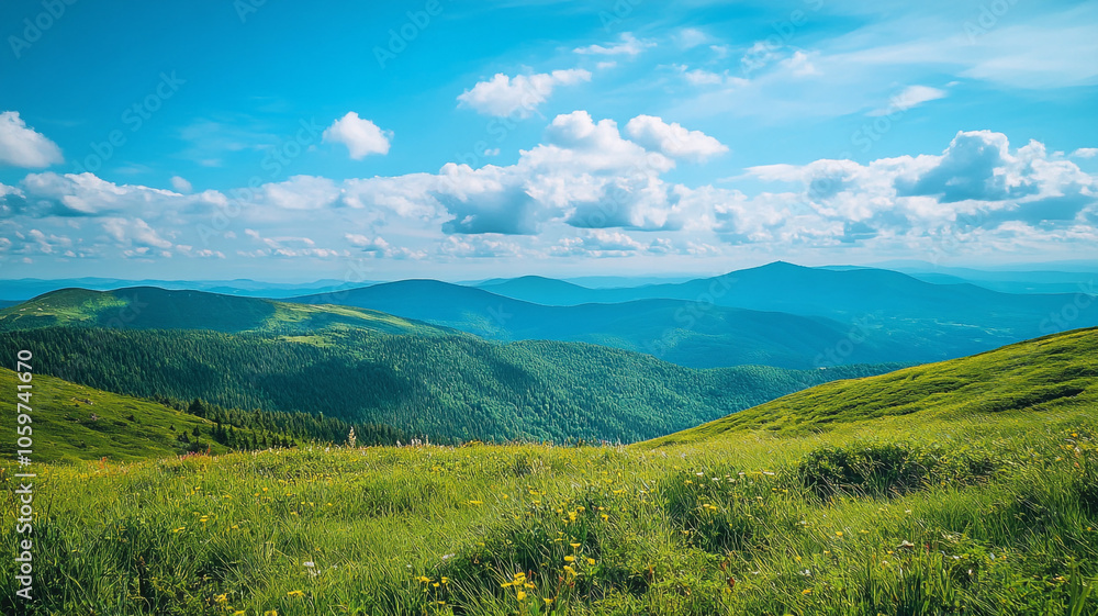 Obraz premium Vast green hills under a bright blue sky with fluffy clouds in a serene mountain landscape