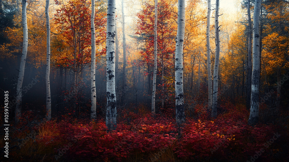 Fototapeta premium Autumn foliage showcases vibrant colors in a serene forest during golden hour