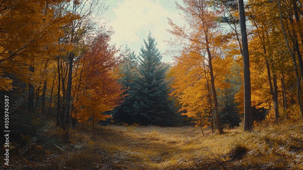 Fototapeta premium Vibrant autumn landscape with colorful trees surrounding a tranquil meadow in the forest