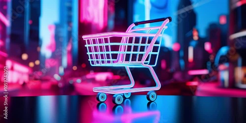 A neon shopping cart on a reflective surface with a blurred city background.