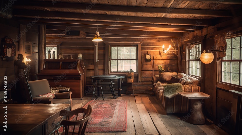 Naklejka premium Cozy Rustic Cabin Interior with Wooden Walls