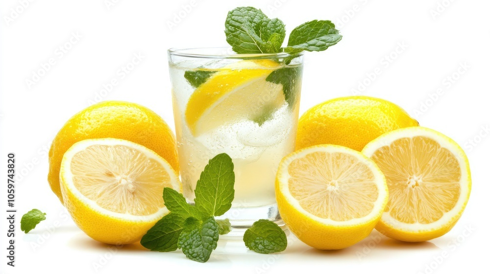 Glass of freshly made lemonade with lemon and mint, fresh citrus and cooling mint against a white background Glass of freshly made lemonade with lemon and mint, fresh citrus and cooling mint against a white background
