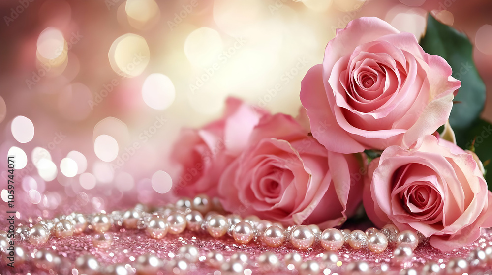 Pink Roses and Pearls on a Glittery Background - Illustration Pink Roses and Pearls on a Glittery Background - Illustration