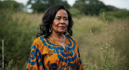 African Middle Aged Woman with Loose Hair in Bold Print Dress in Nature Vintage Portrait photo