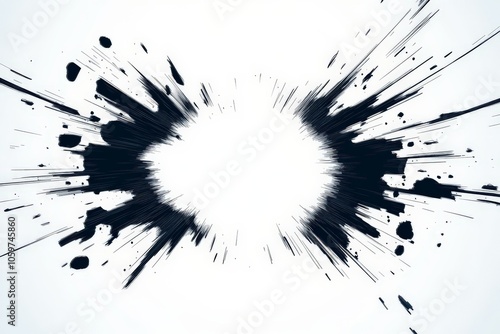 Explosive splash captured in an abstract artistic style, utilizing bold black ink strokes, radiating energy and motion in a stunning monochrome composition. photo