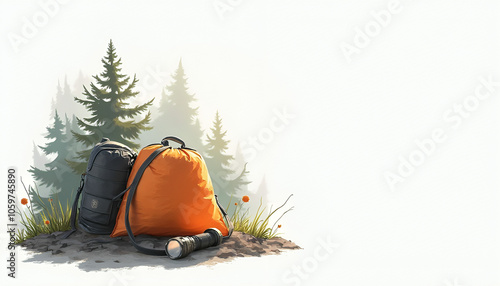 A comprehensive collection of outdoor camping essentials including a tent, sleeping bag, flashlight, and cooking gear, arranged neatly on a white background. This image conveys the spirit of adventure