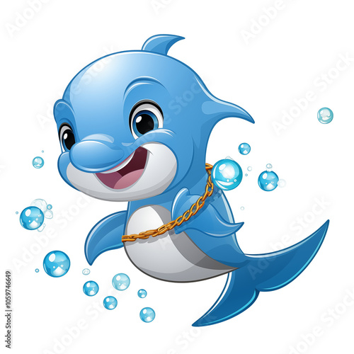 Playful blue cartoon dolphin with a cheerful expression swimming among bubbles in clear water photo