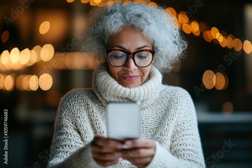 A senior woman with vibrant gray hair and large glasses uses a smartphone inside a warmly lit room, revealing her engagement with modern technology. photo