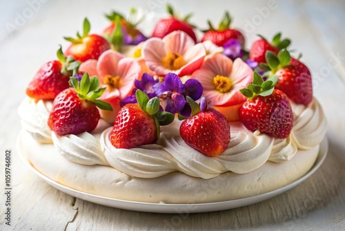 Freshly made strawberry pavlova with soft lighting photo