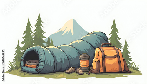 A comprehensive collection of outdoor camping essentials including a tent, sleeping bag, flashlight, and cooking gear, arranged neatly on a white background. This image conveys the spirit of adventure