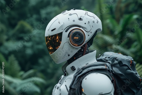 A highly advanced cyborg stands vigilantly in a natural forest setting, symbolizing the integration and observation of artificial entities with untouched nature. photo