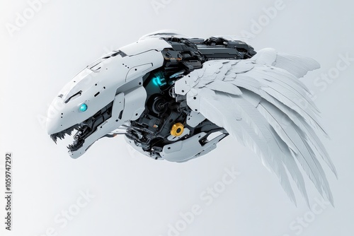 A white robotic eagle with intricate mechanics and wings poised for flight, symbolizing power, precision, and the seamless merger of nature with technology.