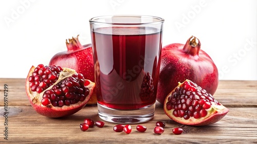 Freshly poured glass of pomegranate juice and halved pomegranate photo