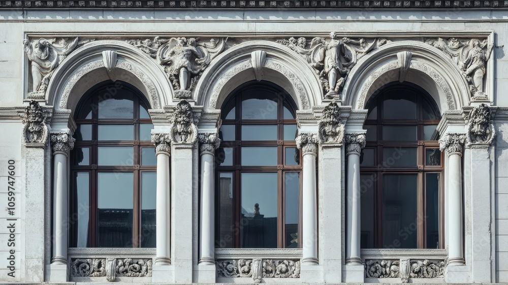 Fototapeta premium Symmetrical Renaissance-style facade with arched windows and detailed columns