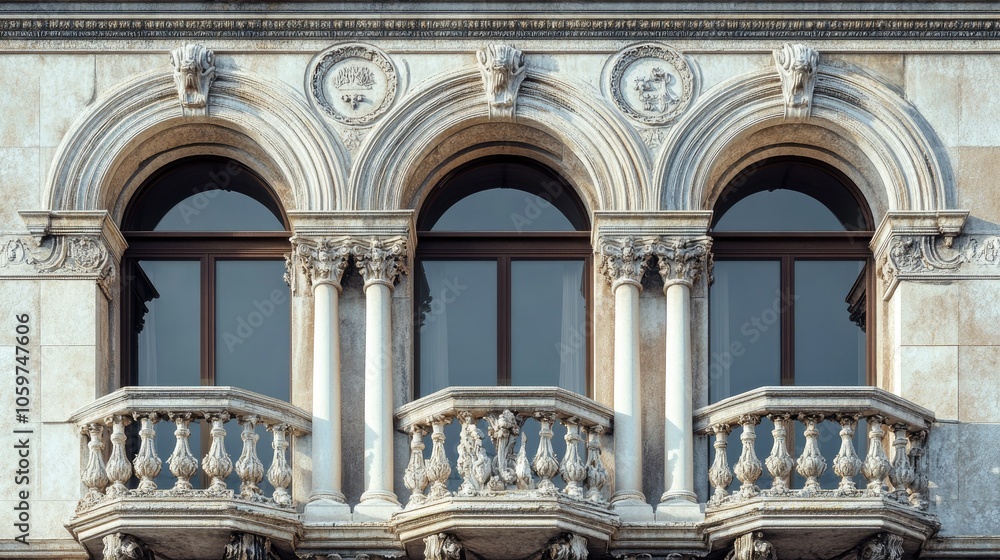 Fototapeta premium Symmetrical Renaissance-style facade with arched windows and detailed columns
