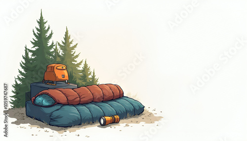 A comprehensive collection of outdoor camping essentials including a tent, sleeping bag, flashlight, and cooking gear, arranged neatly on a white background. This image conveys the spirit of adventure