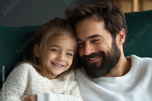 A delightful moment captured between a father and daughter, sharing smiles. Their heartwarming joy is palpable, showcasing familial love and connection. photo